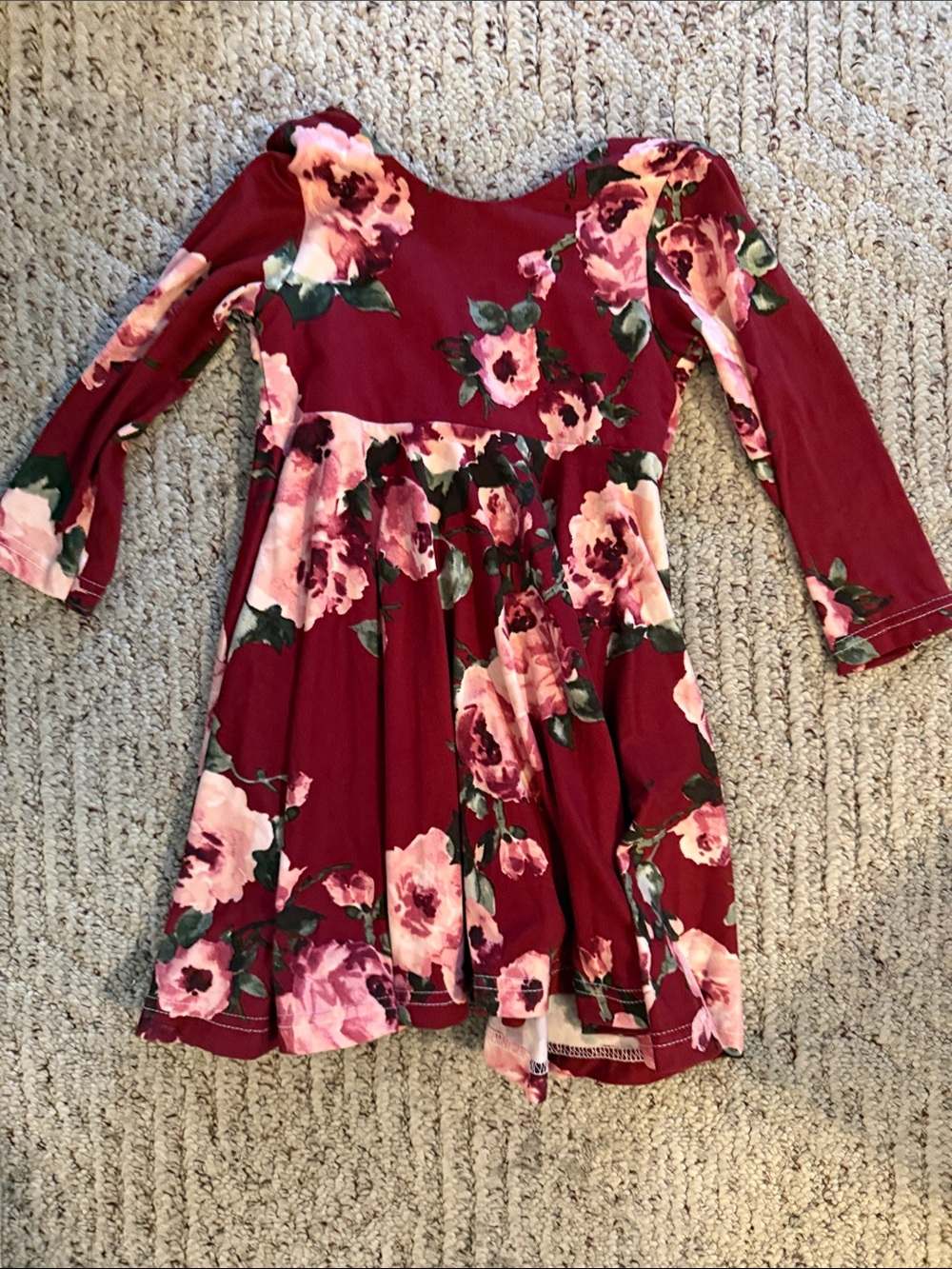 Girls Burgundy Floral Long-Sleeve Twirl Dress